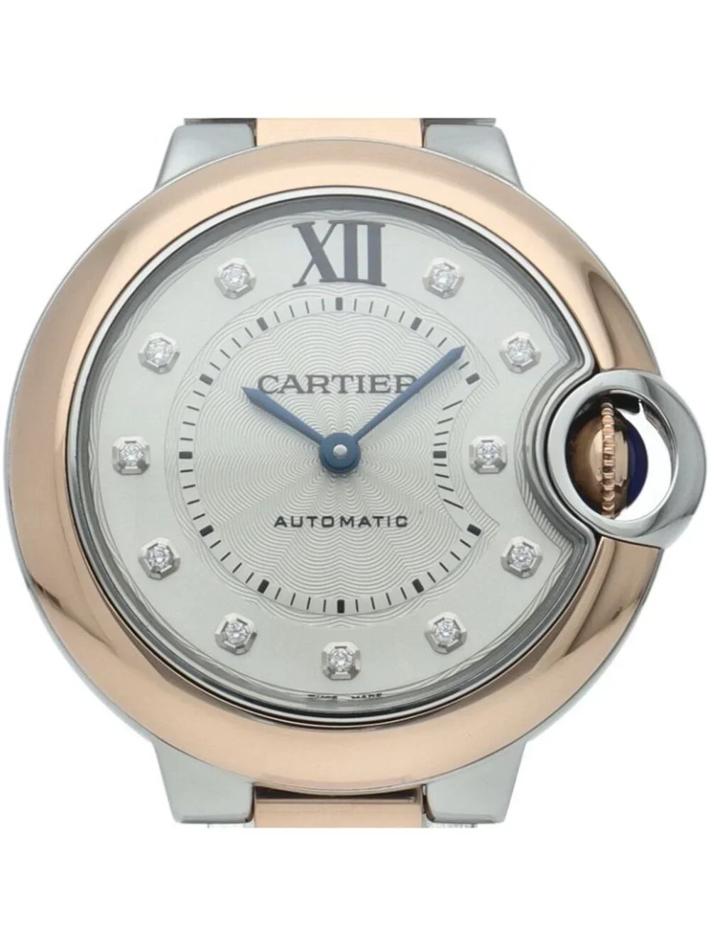 Cartier Ballon Blue Watch 33 Diamond Box 18k Pink Gold SS Silver